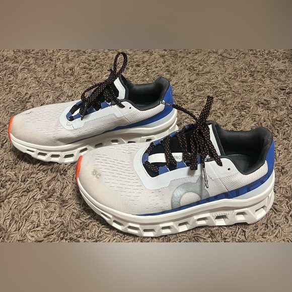 On Cloudmonster running shoe in a white and blue colorway. - Picture 5 of 9